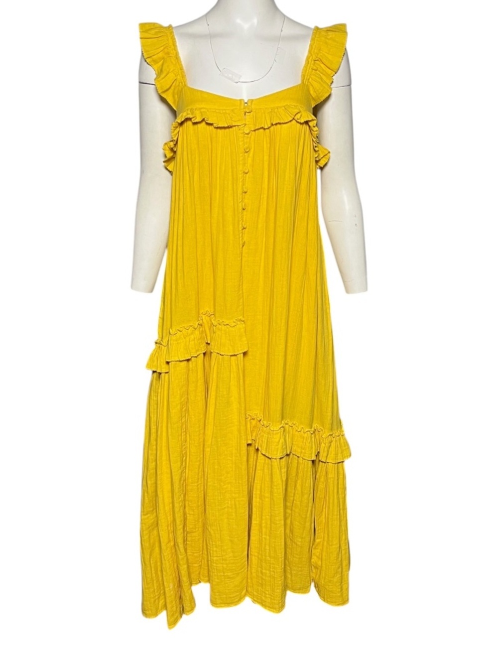 Apiece Apart Lypie Dress Size 0 XS Yellow Gauze Cotton Ruffle Tiered Midi Boho - Picture 4 of 10